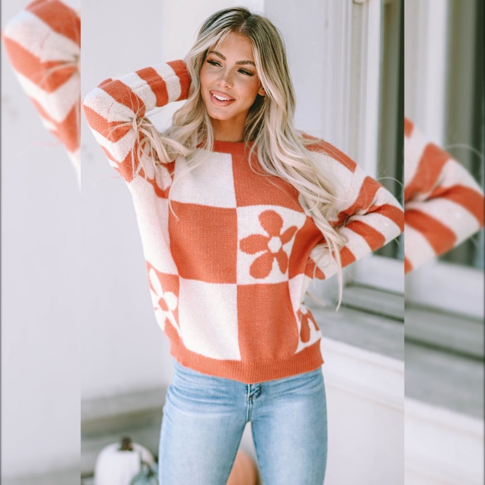 Brown Checkered Floral Print Striped Sleeve Sweater